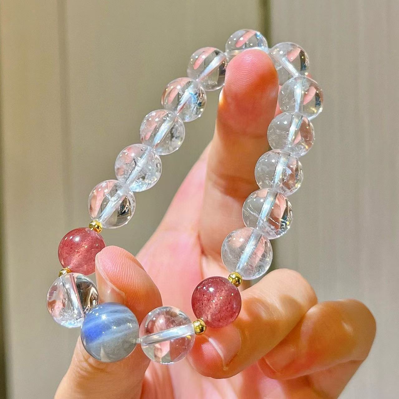 10mm Crystal Strand Bracelet with Pink & Gray Moonstone Beads